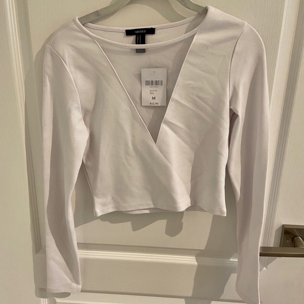 NWT! White Long-sleeve Crop Top with Mesh V Cut